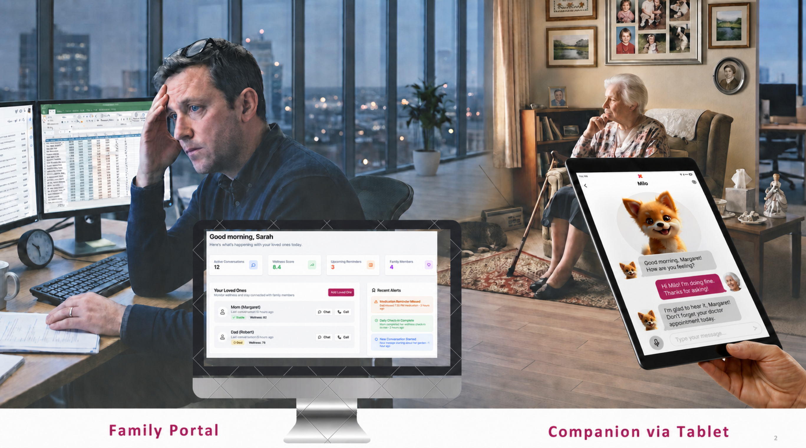A family member using the Keen Companions portal while a loved one connects with a companion on a tablet